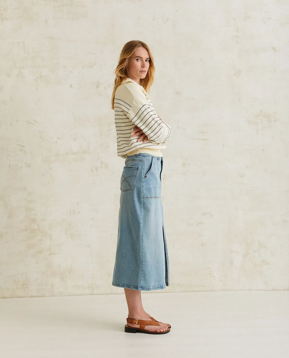 Blue Denim Skirt With A Slit