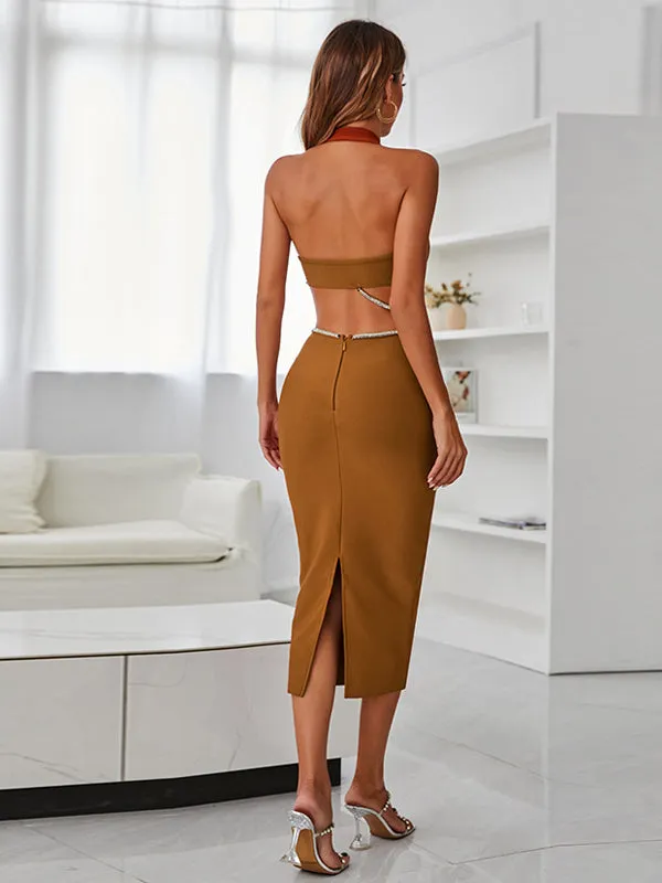 Nvuvu Law of Attraction Coffee Rhinestones Halterneck Midi Dress