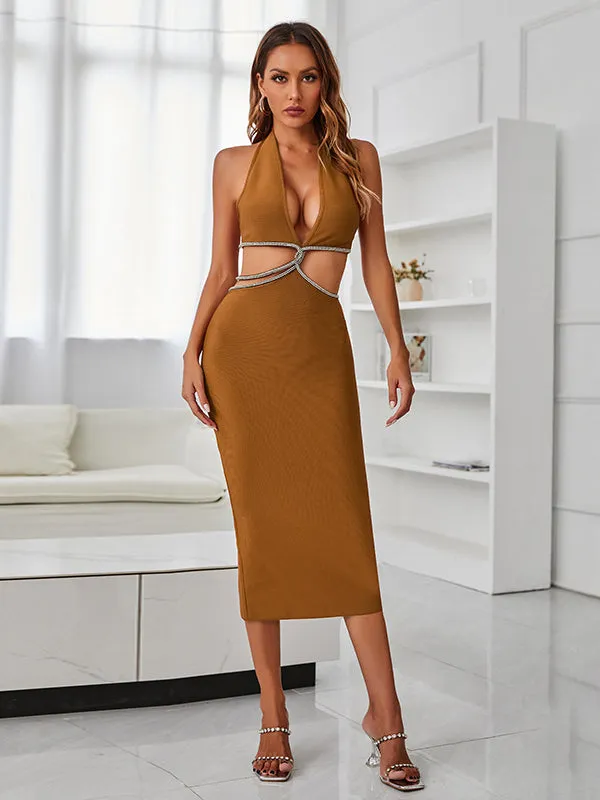 Nvuvu Law of Attraction Coffee Rhinestones Halterneck Midi Dress