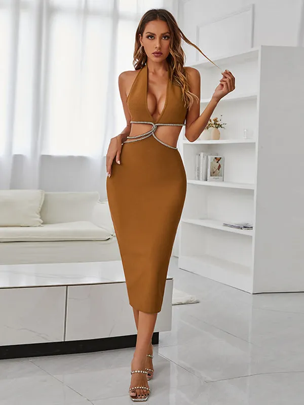 Nvuvu Law of Attraction Coffee Rhinestones Halterneck Midi Dress